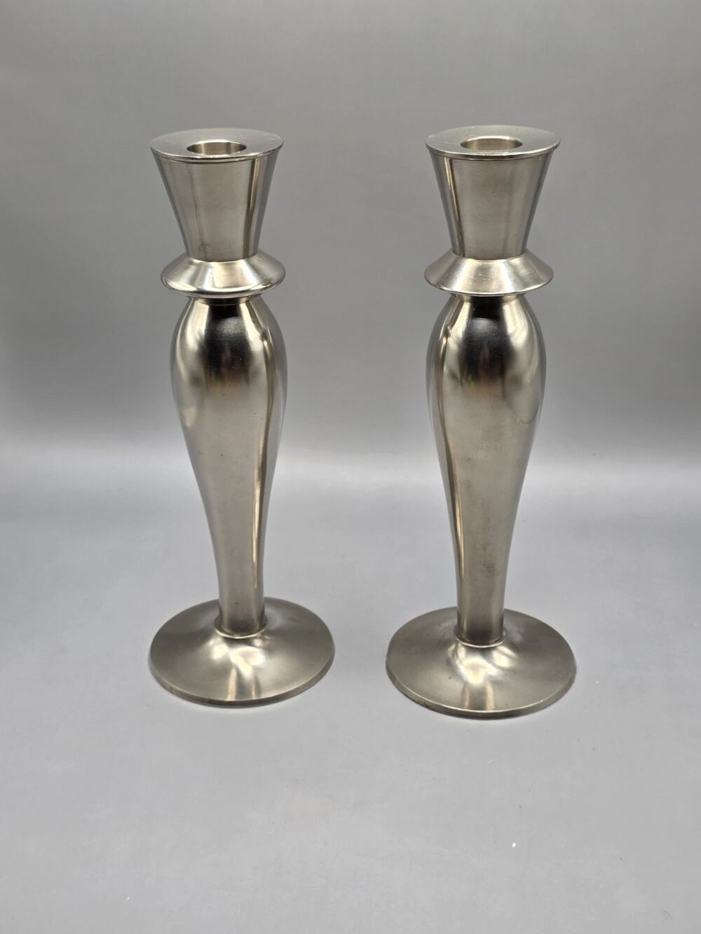 Vintage Pewter Candlestick Holders Pair Tall Taper MCM
